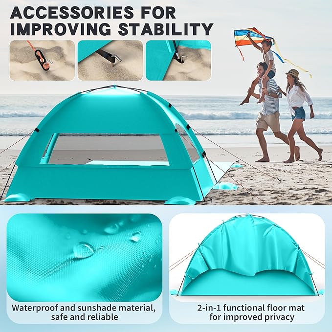 Beach Tent Sun Shelter with Extended Sand Mat 114×82inch，UPF 50+ Protection, 3 Double-Layer Windows for Enhanced Privacy; Portable Beach Shade, 3-4 People. Windproof and Waterproof