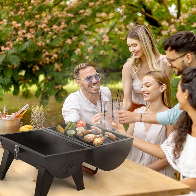 Royal Gourmet CC1619 Portable Tabletop Charcoal Grill, Convertible Lid-to-Grill Zone, Outdoor Compact Barrel BBQ Grill with 217 Sq. In. Grilling Space for Backyard, Patio and Parties, Black