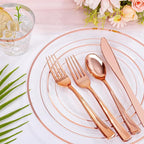 bUCLA 300PCS Rose Gold Plastic Dinnerware - Clear Dinnerware Set Disposable Include 50 Dinner Plates,50 Dessert Plates,50 Knives,50 Forks,50 Spoons,50 Cups for Party, Wedding & Valentines Day