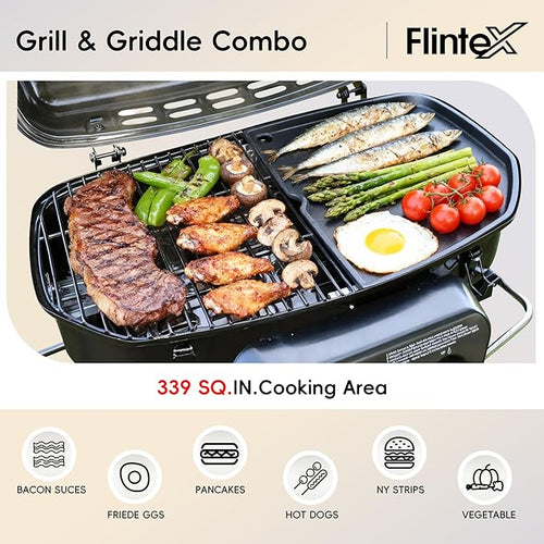 2-Burner Portable Propane Gas Grill, 2-in-1 Camping Propane Grill with Porcelain-Enameled Griddle & Grill Grate for Outdoor Camping Picnics Backyard Cooking, Black