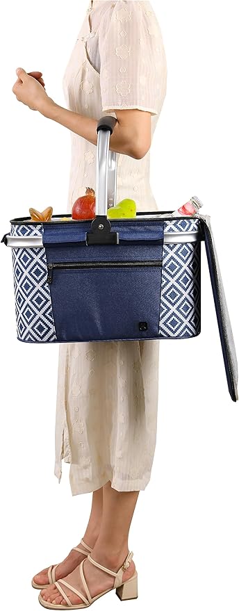 ALLCAMP Picnic Basket - Insulated Cooler, Thickening Foldable Picnic Basket with Removable Baskets & Sewn-in Frame, Basket for House Warming Gifts New Home(Rectangle Blue White)