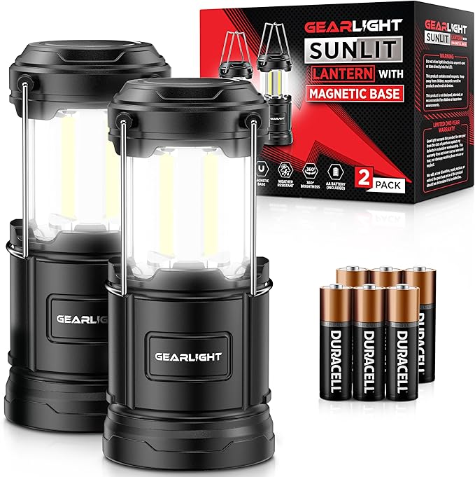 GearLight Camping Lantern - 2 Portable LED Battery Powered Lantern with Magnetic Base and Foldable Hook for Emergency Use or Campsites, Essential Hurricane Survival Kit with Batteries - Black