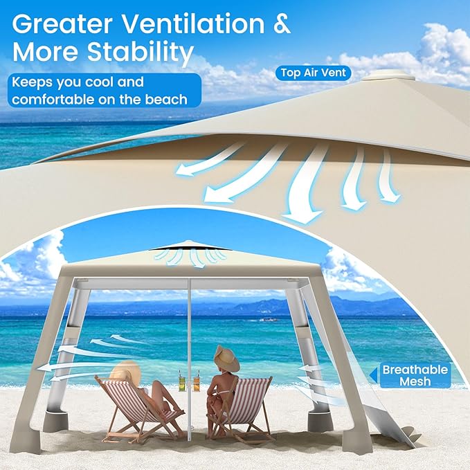 MoKo Beach Cabana, 8'×8' Large Beach Canopy with Side Wall, UPF 50+ Protection Easy Setup Beach Tent Sun Shelter, Adjustable Height Wind Resistant Cabana Beach Tent for Whole Family, Khaki