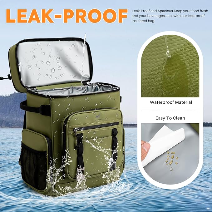 NOL Natural Organic Lifestyle Double Deck Large Waterproof Insulated Cooler Backpack for Men & Women, 32L/57 Cans Leak Proof Cooler Lunch Backpack for Picnic, Camping, Beach, Outdoor, Amy Green