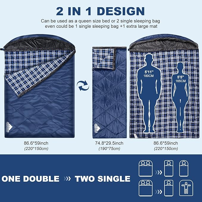 AGEMORE Cotton Flannel Double Sleeping Bag with Fleece Lined Hood, Waterproof Queen Size 2 Person Sleeping Bag for Adults Cold Weather Camping Backpacking or Hiking, 3-4season