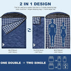 AGEMORE Cotton Flannel Double Sleeping Bag with Fleece Lined Hood, Waterproof Queen Size 2 Person Sleeping Bag for Adults Cold Weather Camping Backpacking or Hiking, 3-4season