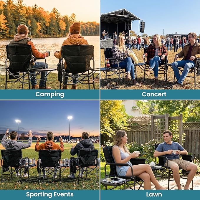 FUNDANGO Oversized Folding Chairs for Outside, Fully Padded Camping Director Chair for Adults, Support 450lbs Portable lawn chairs with Side Table, Side Pockets for outdoor Camp, Picnic, Lawn, Concert