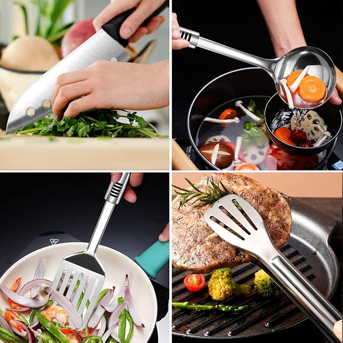 Odoland 14pcs Camping Cooking Utensils Set, Stainless Steel Outdoor Kitchen Cookware Kit, Portable Storage Bag for Knife, Fork, Spoon, Chopping Board, Chef's Knife, Camping, Grilling, Picnic and BBQ
