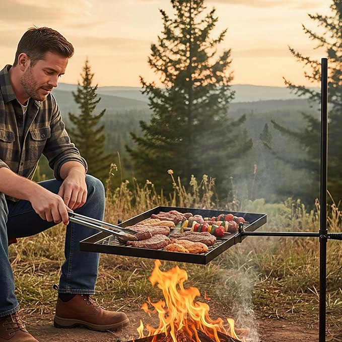 VINGLI Swivel Camping Firepit Grill, Foldable Campfire Steel Grate w/Griddle & Storage Bag, 360° Adjustable, Open Fire Outdoor Cooking Equipment, Parties, Activities, Families Use 32'' x 25''