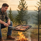 VINGLI Swivel Camping Firepit Grill, Foldable Campfire Steel Grate w/Griddle & Storage Bag, 360° Adjustable, Open Fire Outdoor Cooking Equipment, Parties, Activities, Families Use 32'' x 25''