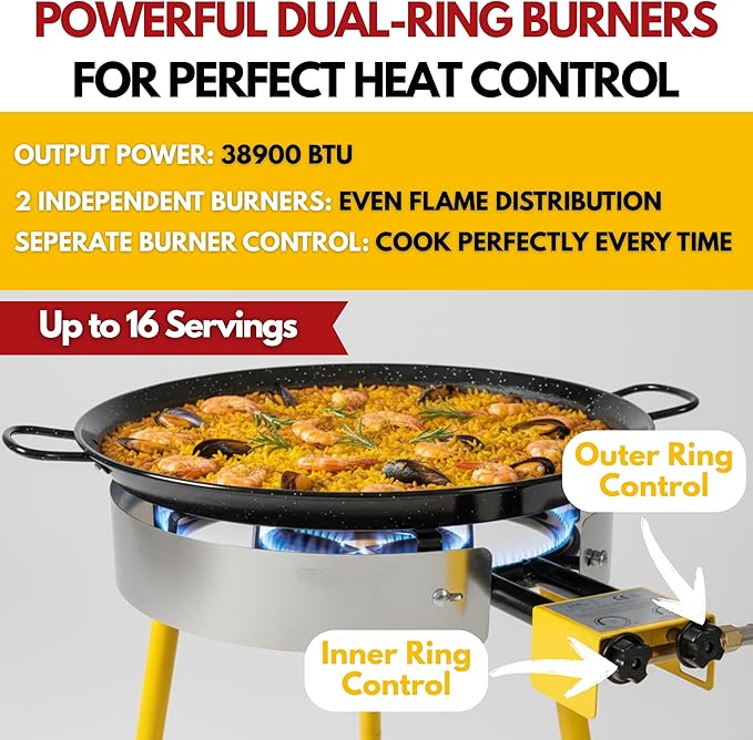 Paella Burner and Stand Set 16 Servings, 22 Inch Paella Pan, Dual Propane Outdoor Stove with Stand & Regulator, Portable Gas Cooker for Camping Crawfish Boil Cooking Outdoor, Paellera Propano