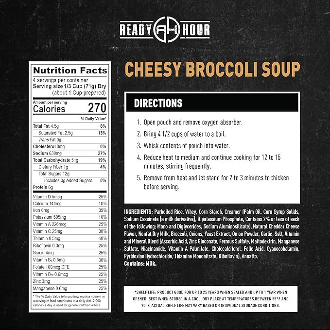 Ready Hour Cheesy Broccoli & Rice Soup Case Pack – Freeze-Dried Soup, Emergency Food, Long-Term Storage, Instant Survival Meals, Prepper Pantry, Prepared Meals, Ready to Eat – 24 Servings (6 Pouches)