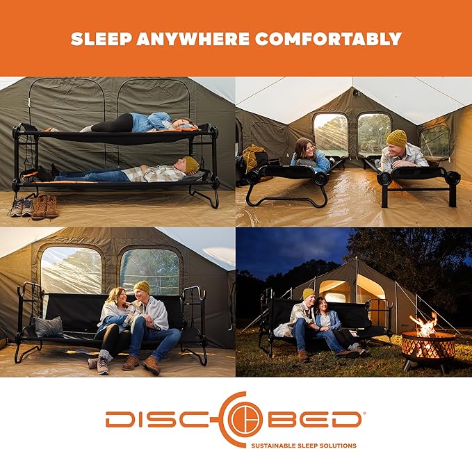 Disc-O-Bed Large Outdoor Convertible 2 Person Bench and Double Camping Cot Portable Bed Bunk System for Adults, Black