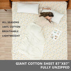 100% Cotton Sleeping Bag Liner with Full Length Zipper on 3 Sides; Single/Double Adult Sleep Sack for Travel & Camping, Multifunctional Travel Sheets (Unzipped 87”x87”) for Hotel, Lightweight