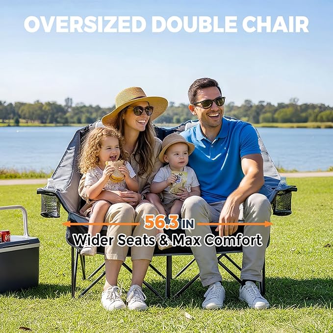 Oversized USLCamping Chair - 2 Person Portable Folding Outdoor Loveseat Heavy Duty Lawn Chairs for Adults with Padded Cushion & Dual Cup Holders, Supports 660LBS for Camping，Sports，Picnic