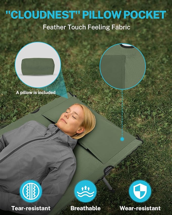 Gonex 31.5" Extra Wide Camping Cot with Leg Extenders 2 in 1 Portable Folding Cot for Adults Height Adjustable Supports 350lbs Sleeping Bed for Backpacking Travel Beach Home (Army Green)