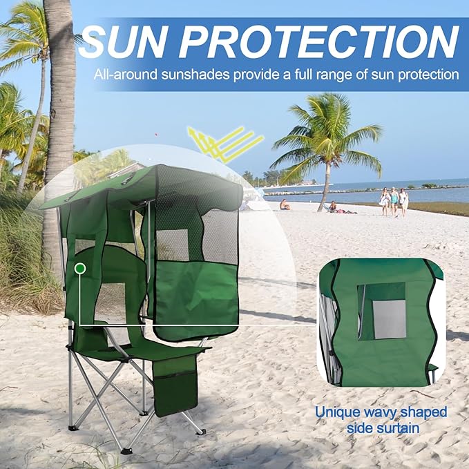 ptlsy Folding Camping Chair with Canopy, Beach Chair with Canopy Shade with Cup Holders, Cooler Bag for Camping, Fishing, Beach, Sports and Concert (Green)