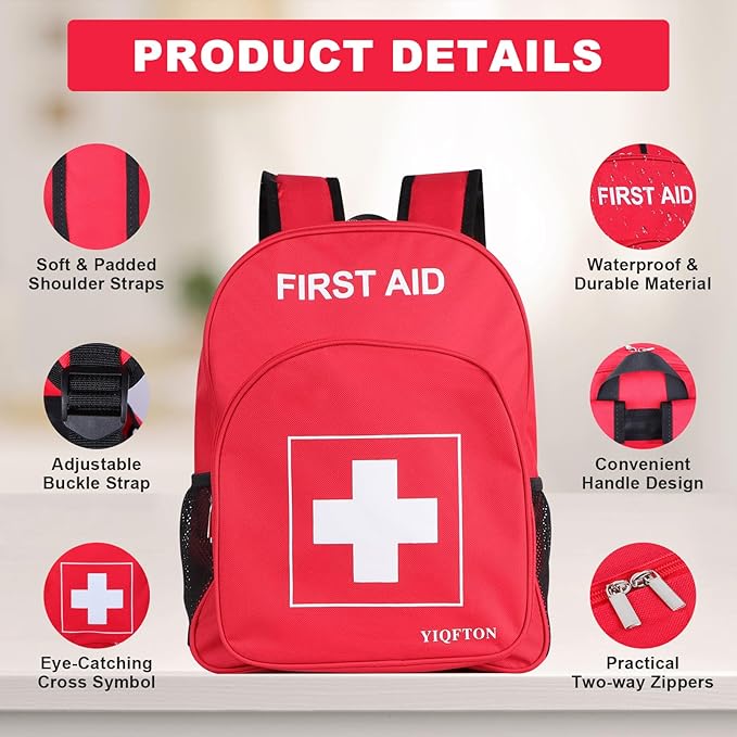 First Aid Backpack Empty, Red Waterproof Emergency Backpack, Portable Large Capacity Empty Medical First Aid Bag for Car Home Office Outdoor Travel Hiking Camping