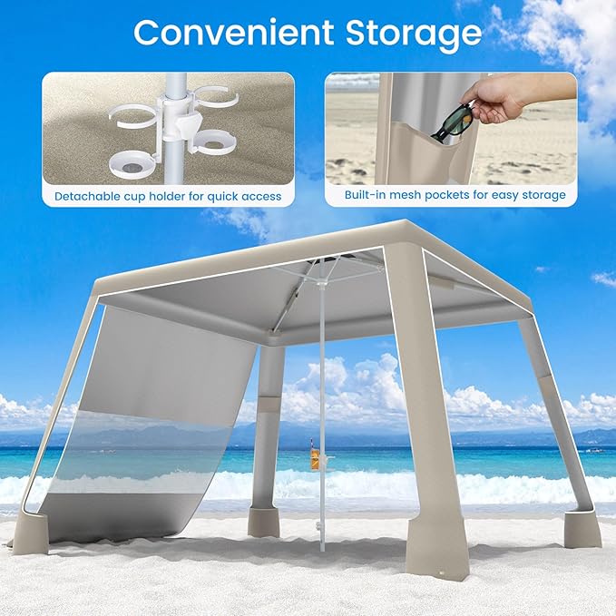 MoKo Beach Cabana, 8'×8' Large Beach Canopy with Side Wall, UPF 50+ Protection Easy Setup Beach Tent Sun Shelter, Adjustable Height Wind Resistant Cabana Beach Tent for Whole Family, Khaki