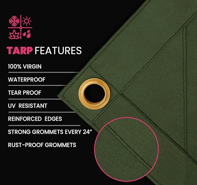 PROTARP Extreme Heavy Duty 20 OZ Water Resistant Canvas Tarp, UV Resistant Tarpaulin Cover with Rustproof Brass Grommets, Multipurpose for Canopy, Roof, Camping, Woodpile (Olive 30'X30')
