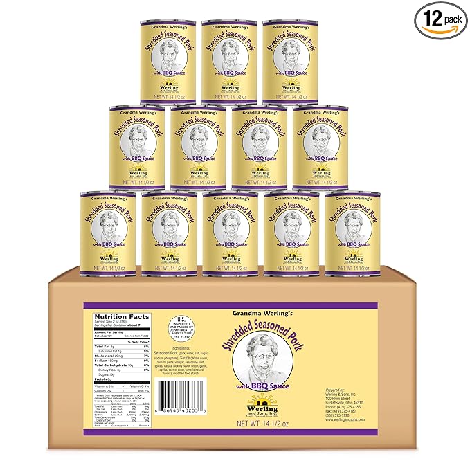Grandma Werling’s Shredded Seasoned Pork with BBQ Sauce 14.5 Oz Fully Cooked Heat & Serve Premium Canned Meat Shelf Stable for Pantry Staples, Emergency Food Storage, Survival & Daily Quick Meals Canned Food Pack of 12