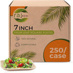 Raj Palm Leaf Plates Bulk [50-Pack] 7" Square Plates(5 CASES - 250 PACK) like Bamboo plates Disposable, Strong, Decorative Compostable Tableware for weddings, Lunch, Dinner, Birthday, Camping