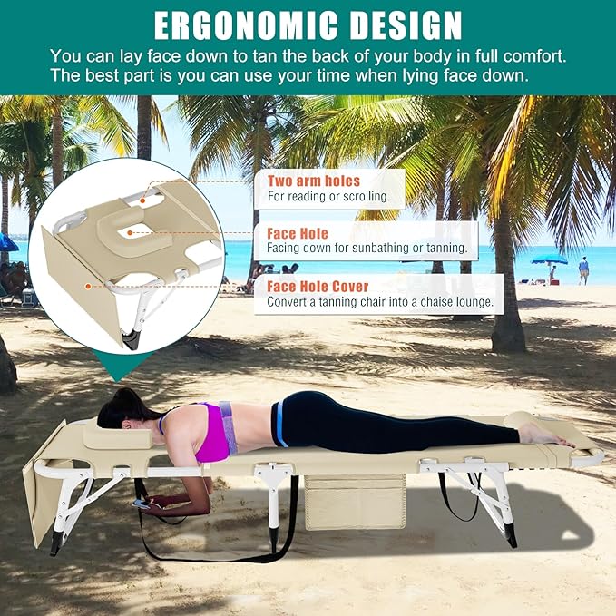 DoCred 3 in 1 Sun Tanning Chair Oversized with Face Arm Hole, Heavy Duty Folding Chaise Lounge Chairs, 5-Position Outdoor Lounge Chair for Beach, Pool, Lawn, Yard, Patio