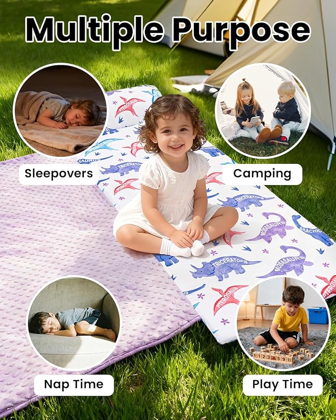 Primlect Toddler Thickened Foam Nap Mat with Pillow, Extra Large 55"x35", Soft, Supportive Sleeping Bag with Detachable, Washable Cover, for Sleepover, Home, Travel, Boys and Girls