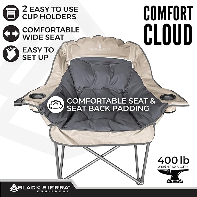 Black Sierra Oversized Camping Chair for Adults – 400 lb Heavy Duty Folding Chair with Cup Holders & Carry Bag