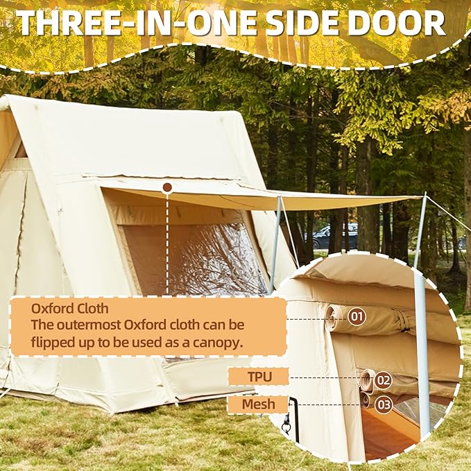 YOLENY Inflatable Tents for Camping, 6-12 Person Blow Up Tent with TPU Skylight, Canopy, Mesh Windows, Stove Jack & Pump, 4 Season Large Inflatable Tent, Waterproof & Windproof