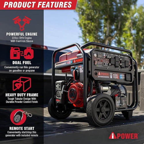 A-iPower 5000-Watt Remote Start Dual Fuel Portable Generator CO Sensor Shutdown, Heavy Duty Generators with 223cc OHV Engine For Jobsite, RV, Home Backup, Emergency(GXS5000RD)