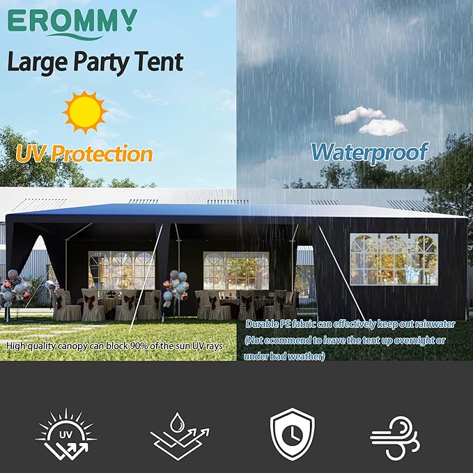 EROMMY Outdoor Party Tent 10x30 FT, Waterproof PE Canopy with 6 Removable Sidewalls and 2 Zipper Doors for Weddings, Events, Backyard Parties, Blue