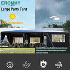 EROMMY Outdoor Party Tent 10x30 FT, Waterproof PE Canopy with 6 Removable Sidewalls and 2 Zipper Doors for Weddings, Events, Backyard Parties, Blue