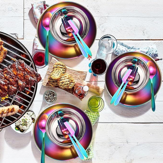 Honeydak 36 Pcs Stainless Steel Utensils Camping Tableware Kit Include Set of 6 Plate Bowl Cups Spoons Forks Knives Flatware Set for Backpacking Camping Hiking and Picnic(Rainbow Color)