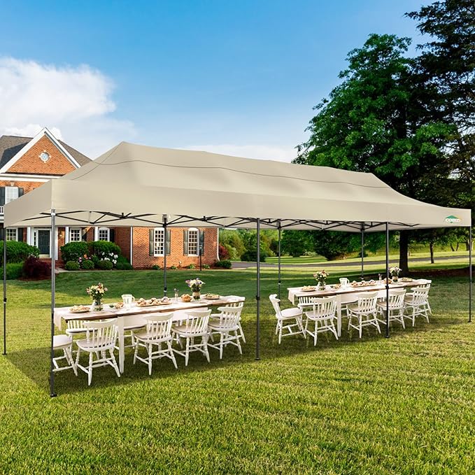 COBIZI 10x30 Pop up Canopy, Heavy Duty Outdoor Party Tents for Parties, Easy up UPF 50+ Waterproof Commercial Canopy with Wheeled Bag can fold, Khaki(Windproof Upgraded)