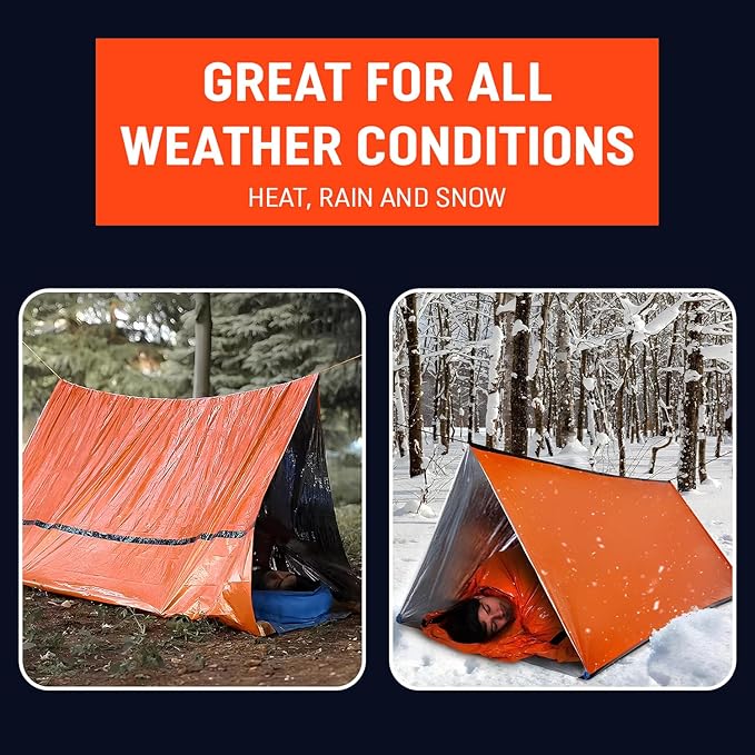 Emergency Survival Tent Life Shelter 2 Person Mylar Tube Tents Tarp with Whistle & Paracord Year-Round All Weather Protection for Car Outdoor Hiking Camping Gear Equipment