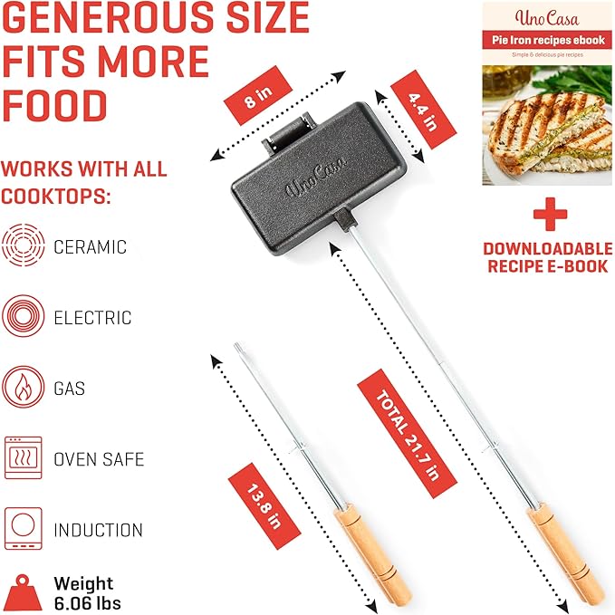 Uno Casa - XL Pie Irons Cast Iron Sandwich Maker - Mountain Japanese Sandwich Maker with Recipe Book - Durable Campfire Cooking Equipment for Toasted Pies, and More