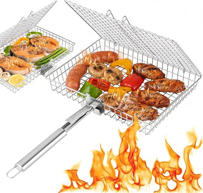 Grill Basket Set for Outdoor Grilling - Large Capacity Fish Grill Basket & Grilling Rack - Food Grade Stainless Steel Portable Flat Basket with Removable Handle for Vegetables, Shrimp & Camping (M+S)