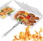Grill Basket Set for Outdoor Grilling - Large Capacity Fish Grill Basket & Grilling Rack - Food Grade Stainless Steel Portable Flat Basket with Removable Handle for Vegetables, Shrimp & Camping (M+S)