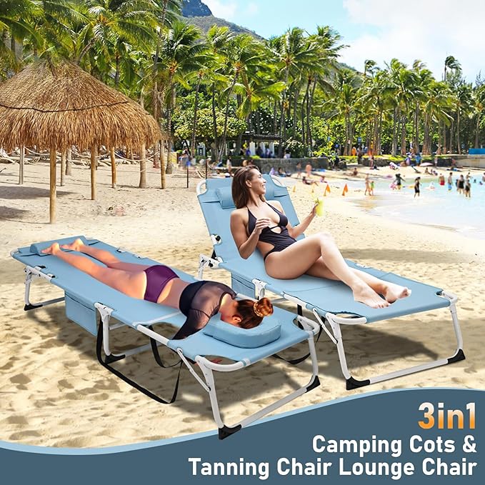 DoCred Heavy Duty XXL Tanning Chair with Face Hole&Mat, Oversized 5-Position Folding Chaise Lounge Chairs for Outside, Portable Beach Lounge Chair for Outdoor Sunbathing Beach Pool Lawn Camping