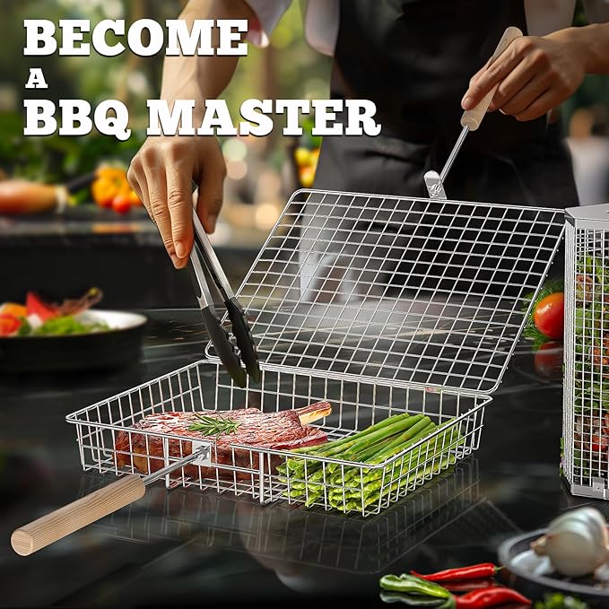 Grill Basket Set, Removable Wooden Handle, 304 Stainless Steel, Rolling BBQ Tools, Smoker Grilling Accessories for Vegetable Fish, Outdoor Cooking Camping, Birthday Gifts for Men Dad Husband