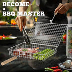 Grill Basket Set, Removable Wooden Handle, 304 Stainless Steel, Rolling BBQ Tools, Smoker Grilling Accessories for Vegetable Fish, Outdoor Cooking Camping, Birthday Gifts for Men Dad Husband