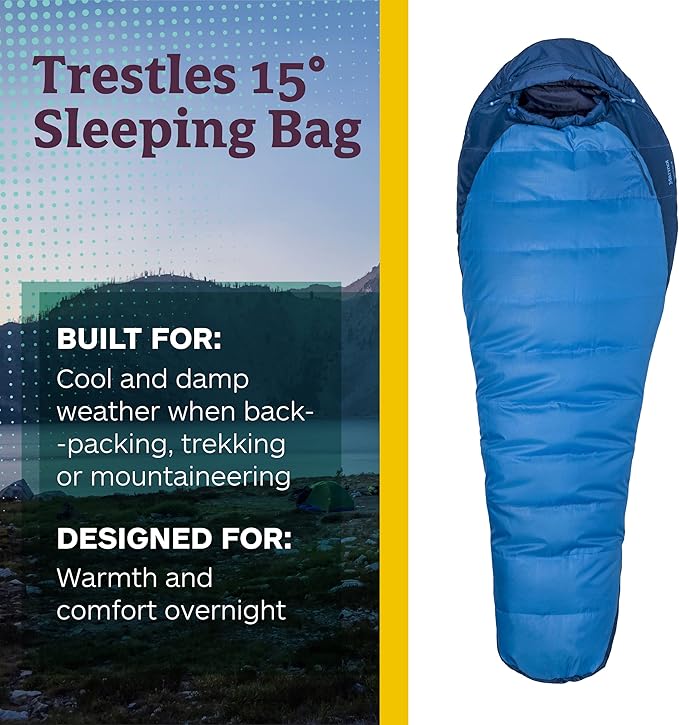 Marmot Men's Trestles 15° Sleeping Bag | Insulated, Water-Resistant, Left-Zip, Cobalt Blue/Blue Night, Long