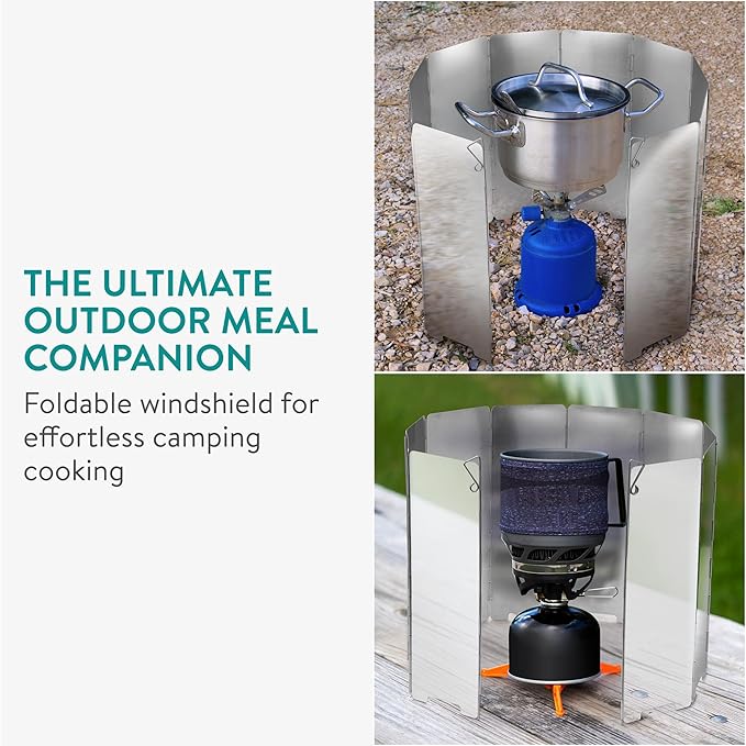 Navaris Foldable Camping Cooking Windshield 10pcs - Portable Camp Stove Windscreen Enhances Efficiency - Durable Aluminum Grill Wind Shield Blocker for Picnics BBQ & Backpacking