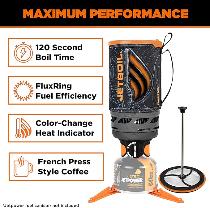 Jetboil Flash Java Portable Fast Boil Stove and Coffee Press for Camping and Backpacking, 1-Step Auto Ignition, Propane/Isobutane Burner