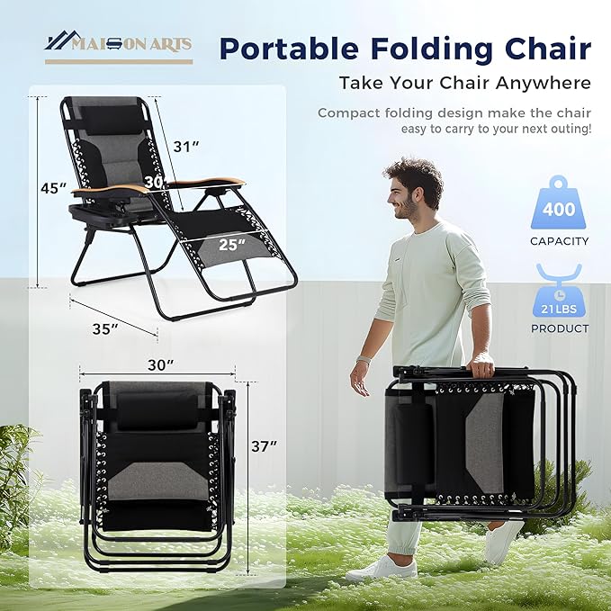 MAISON ARTS Oversized XXL Padded Zero Gravity Chair Set of 2, 30" Wide Seat Foldable Patio Recliner, Anti Gravity Outdoor Lawn Chair with Cup Holder & Pillow, Supports 400lbs, Black & Grey