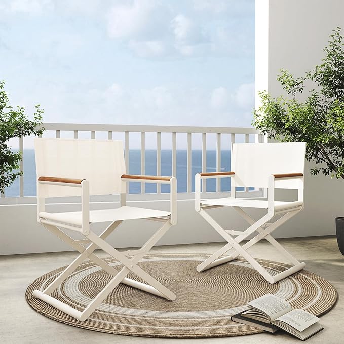 Grand patio Extra-Wide 2-Pack Directors Chairs, Folding Dining Chair Set of 2 with Sling and Woodgrain Armrests, Outdoor, Apricot