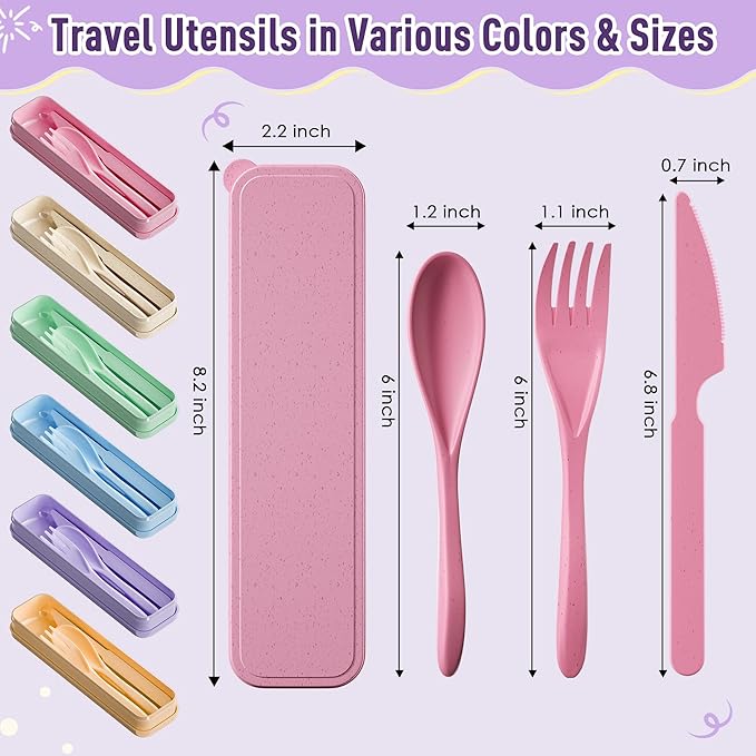 Quatish Reusable Travel Utensils with Case,3 Sets of Camping Utensils,Portable Wheat Straw Utensil (Knife, Fork, Spoon) for Lunch Box,Kitchen, Travel, Picnic & Daily Use - Easy to Clean (Multi-Color)