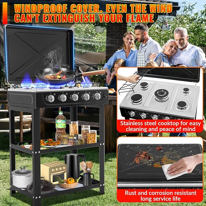 5 Burner Propane Gas Stove,400000BTU Portable Gas Stove with Support Leg Stand and Wind Blocking Cover Adapter Auto Ignition Camping Stove,propane burner for RV, Apartment, Outdoor Cooking