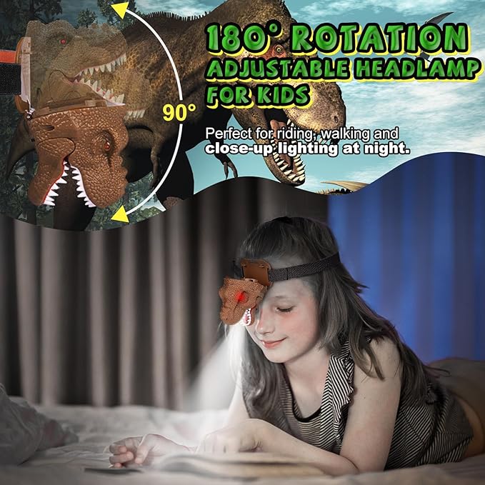 Dinosaur Headlamp Flashlight Outdoor Camping Gear LED Reading Head lamp, Hiking Headlight for Kids or Adults, Dinosaur Toys Ideal Gift for Birthday, Chirstmas, 3 AAA battery Included (Brown)